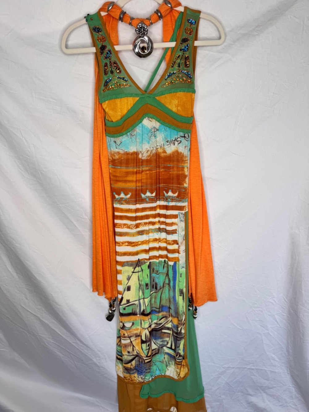 Save the Queen Vintage RARE Orange & Green Sleeveless Maxi Dress with Necklace